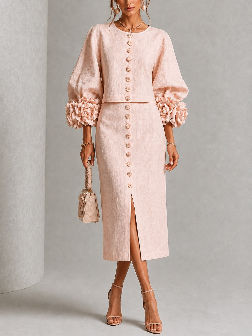 Conjunto de Falda Rosa con botones delanteros, puños y floral - Rosa