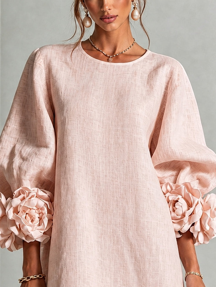 Minivestido Rosa con escote redondo, puños y floral