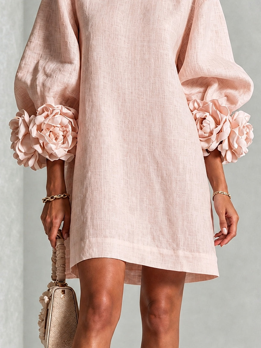 Minivestido Rosa con escote redondo, puños y floral