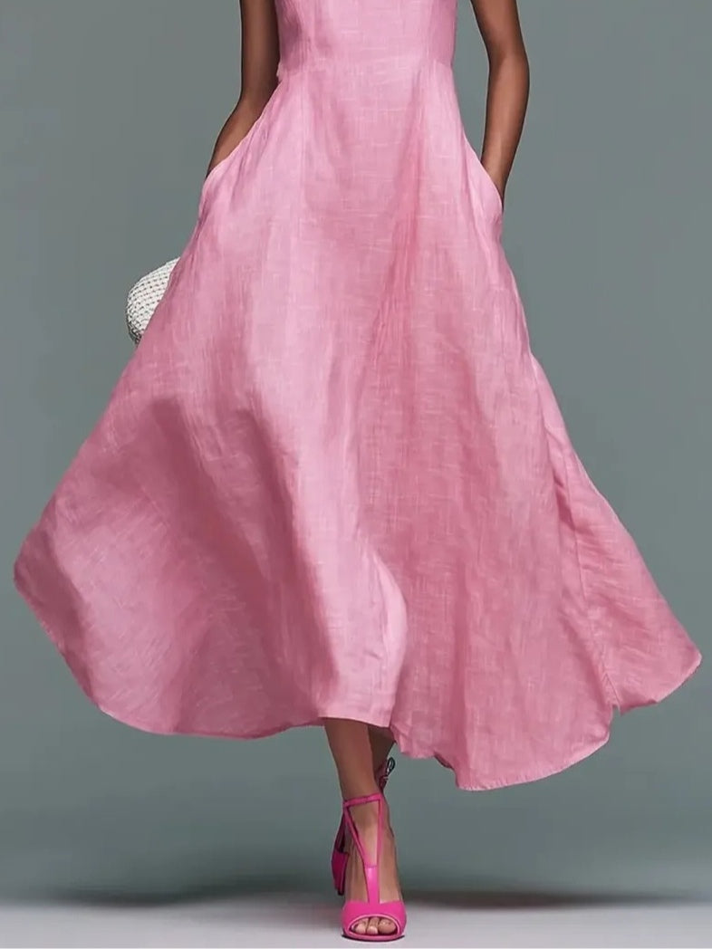Vestido Largo Rosa con lazo y escote cuadrado - Rosa