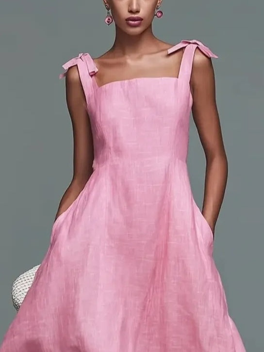 Vestido Largo Rosa con lazo y escote cuadrado - Rosa