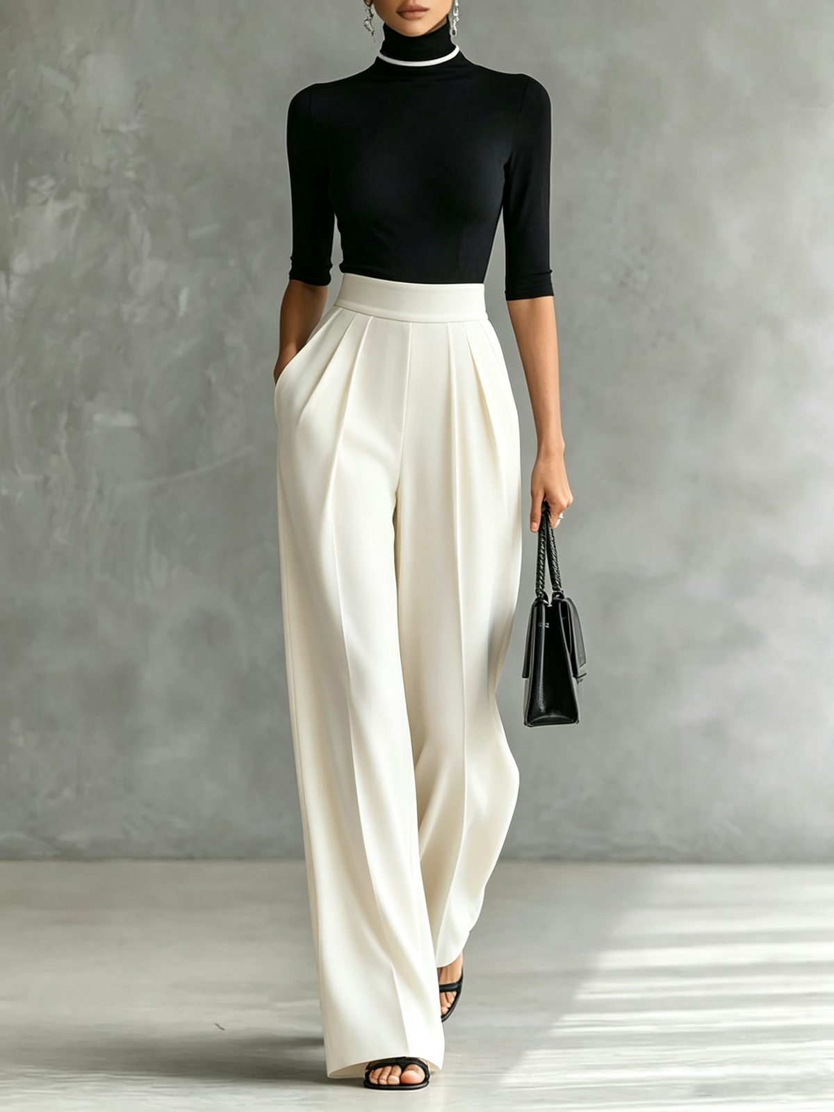 Conjunto de Pantalón Blanco y Negro con ribete, cuello alto y pierna ancha - Blanco y Negro