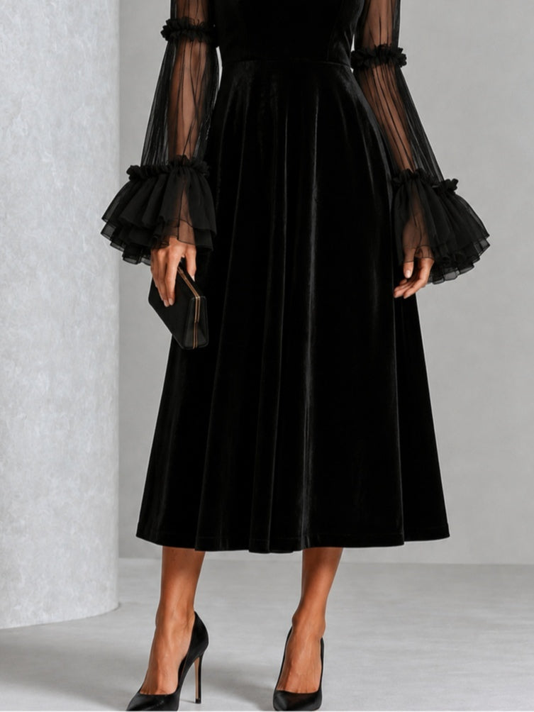 Vestido Midi Negro con terciopelo, transparente, malla y plisado - Negro