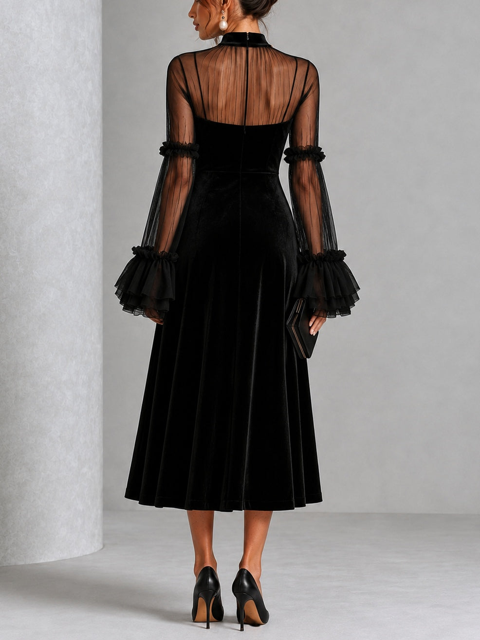Vestido Midi Negro con terciopelo, transparente, malla y plisado - Negro