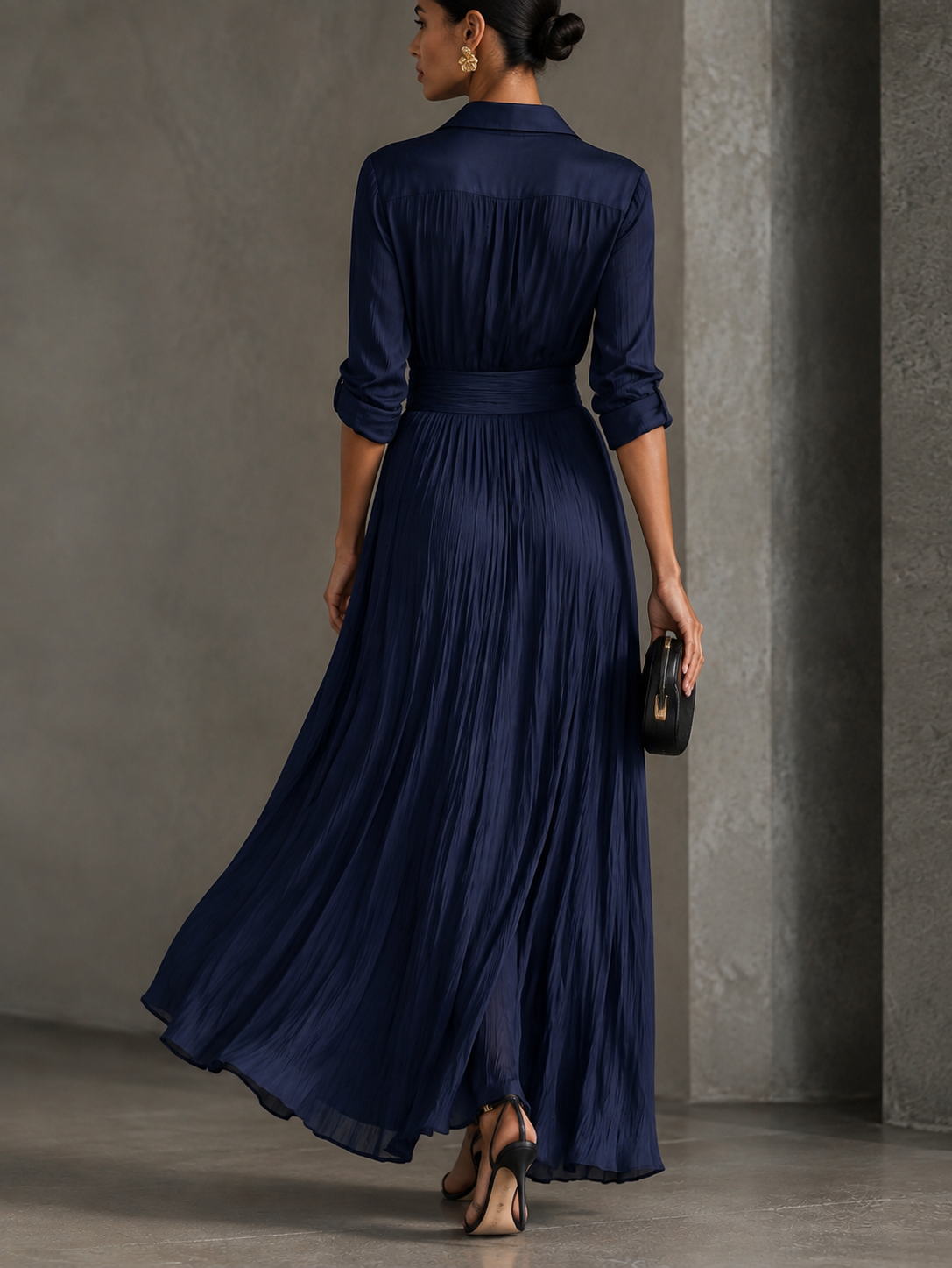 Vestido Camisero Elegante Azul Marino con nudo - Azul Marino