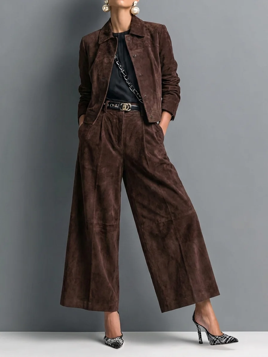 Conjunto Marrón Oscuro con ante y pierna ancha - Marrón Oscuro