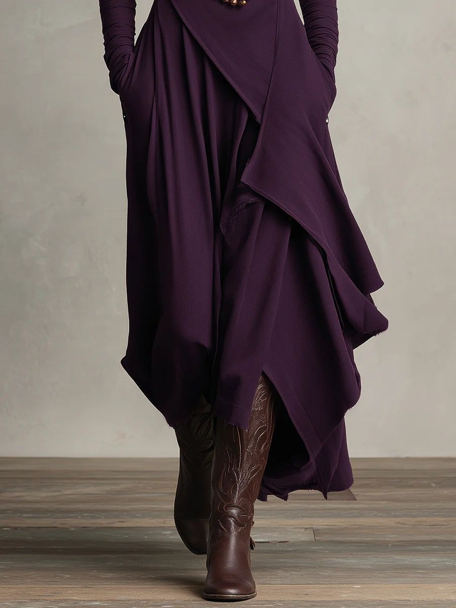 Vestido Largo con cuello alto, corte asimétrico, plisado y encaje - Morado
