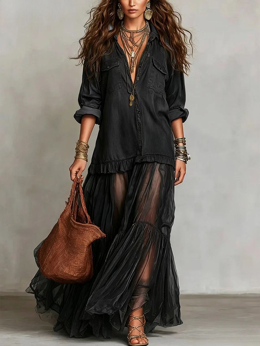 Vestido Casual con vaquero, cuello camisero, transparente y bolsillos - Verde