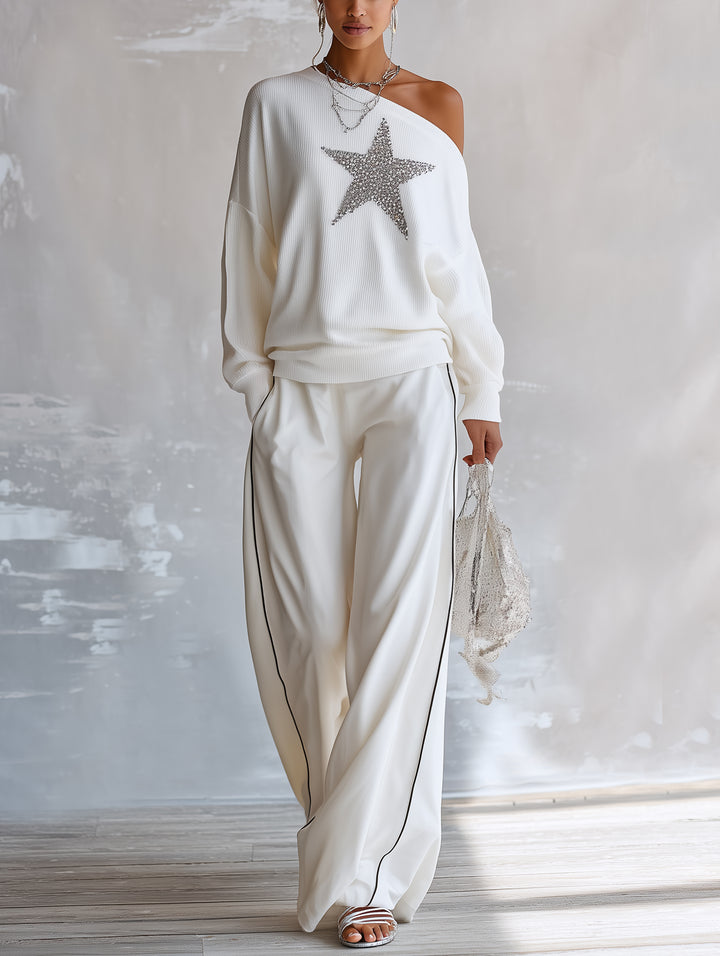 Conjunto de Dos Piezas Blanco con punto, hombros descubiertos, contraste y pierna ancha - Blanco