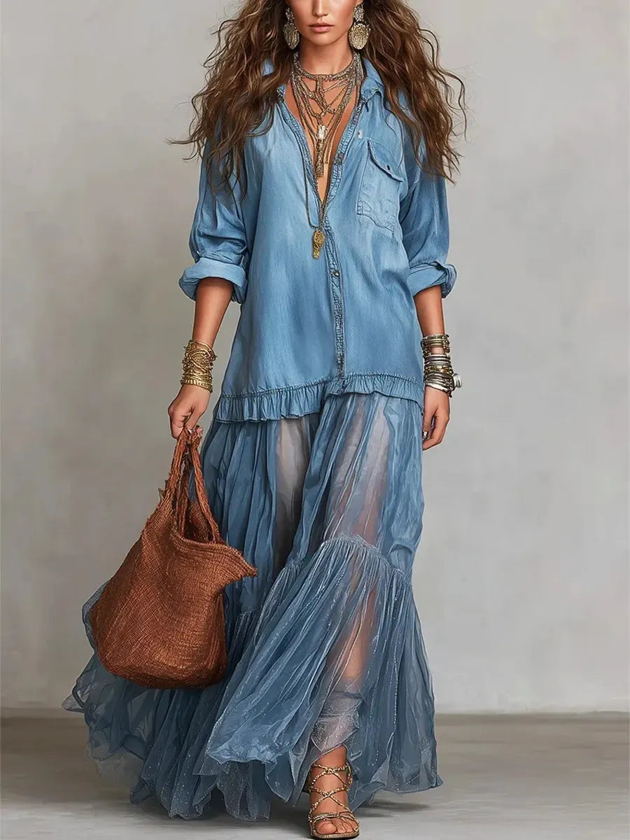 Vestido Casual con vaquero, cuello camisero, transparente y bolsillos - Azul Cielo