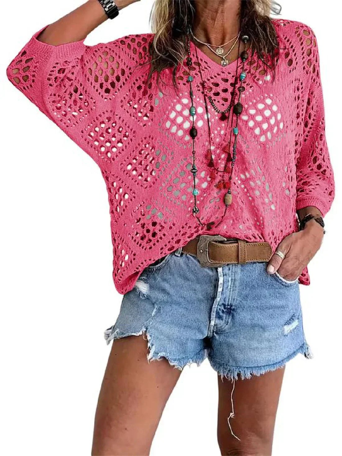 Blusa Boho con escote en V, calado, manga murciélago y punto - Albaricoque
