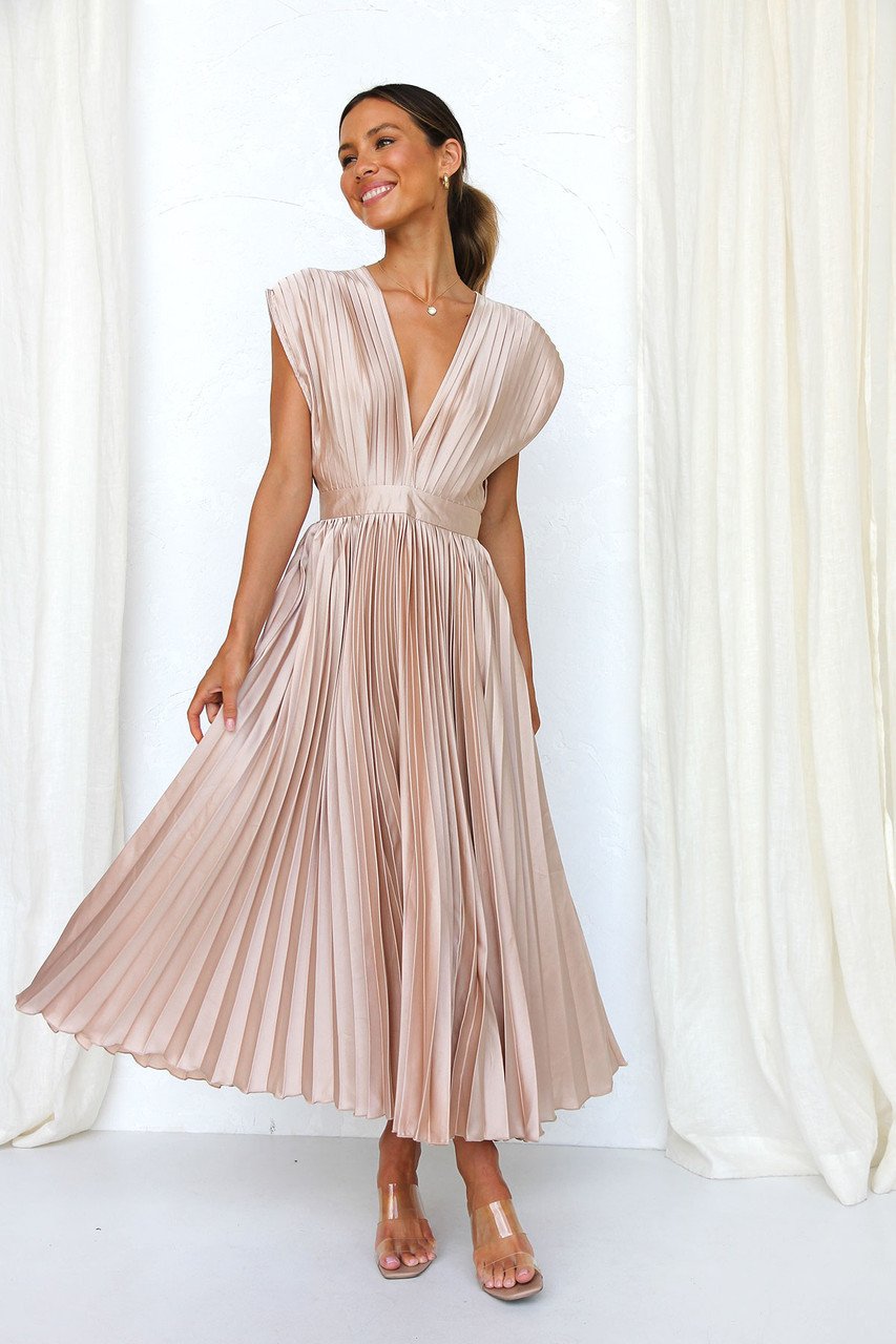 Vestido Midi Elegante con satén, plisado, escote en V y caída fluida - Rosa