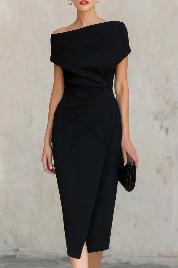 Vestido Midi Elegante Manga Corta con plisado - Negro