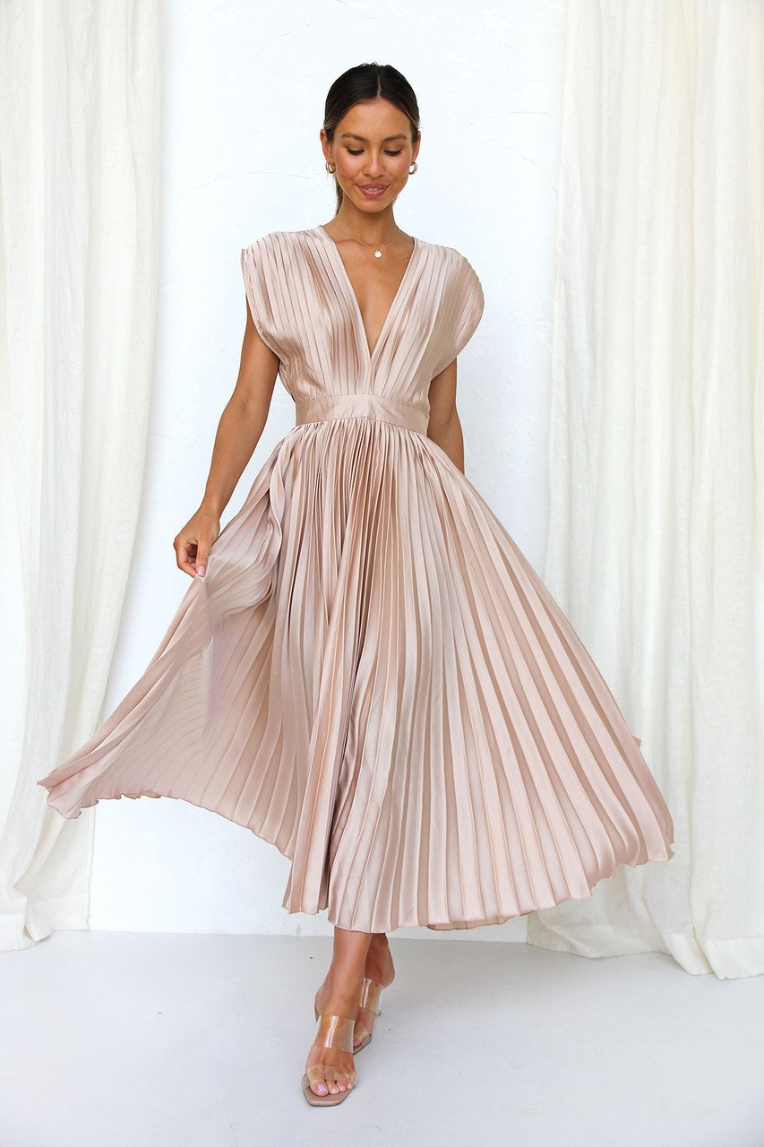 Vestido Midi Elegante con satén, plisado, escote en V y caída fluida - Rosa