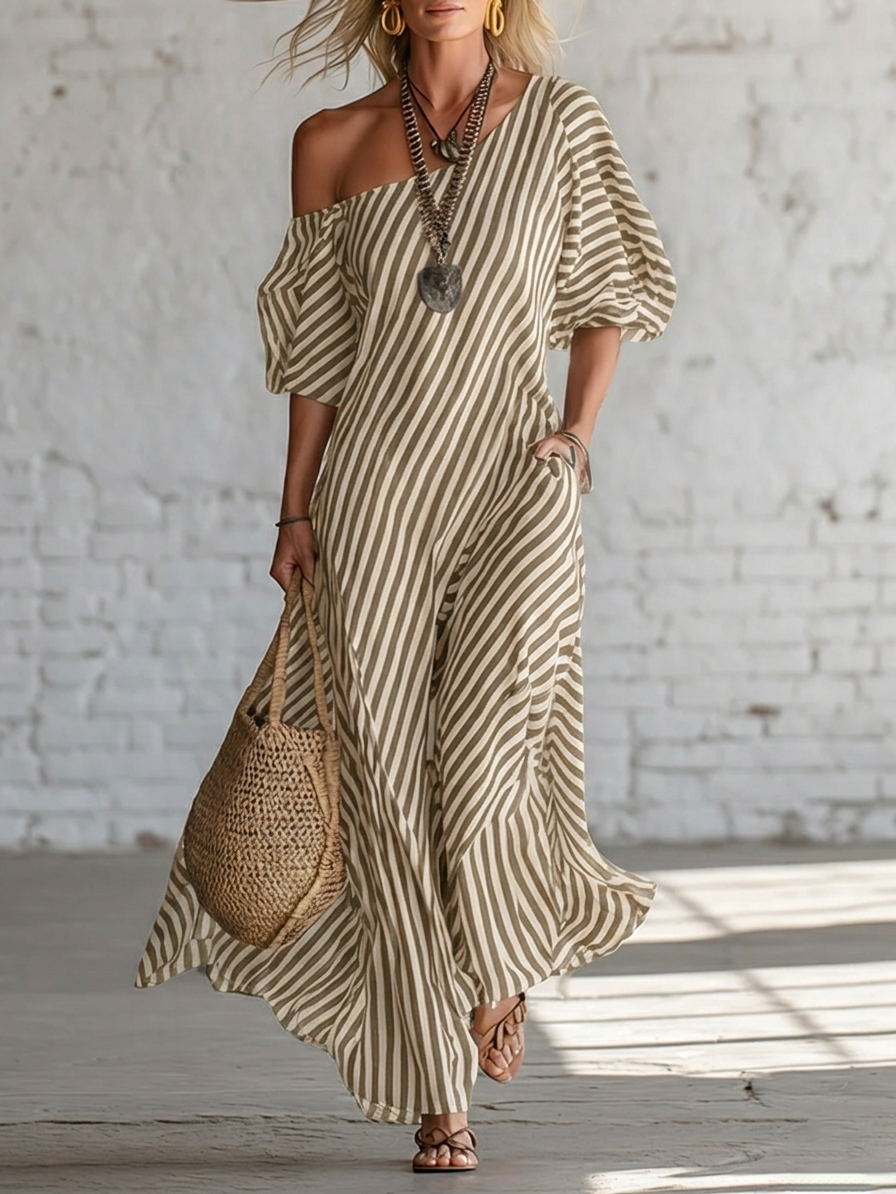 Vestido Largo Elegante con a rayas y hombros descubiertos - Negro