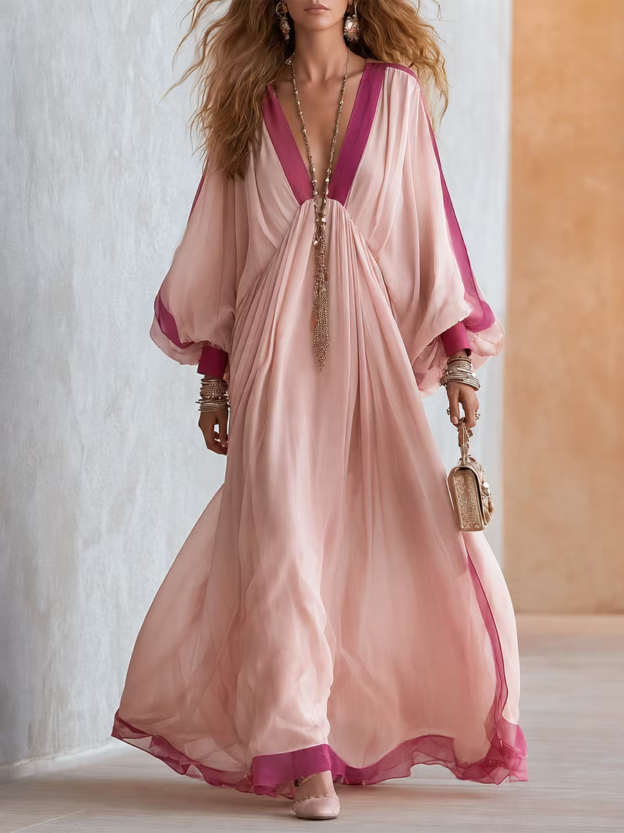 Vestido Largo Boho Rosa con color block - Rosa