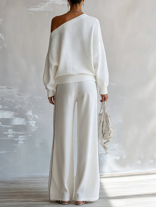 Conjunto de Dos Piezas Blanco con punto, hombros descubiertos, contraste y pierna ancha - Blanco