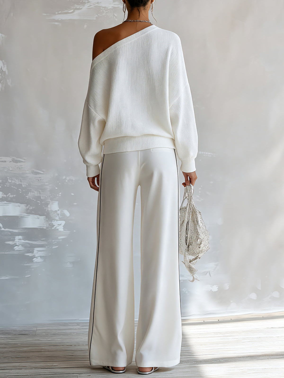 Conjunto de Dos Piezas Blanco con punto, hombros descubiertos, contraste y pierna ancha - Blanco