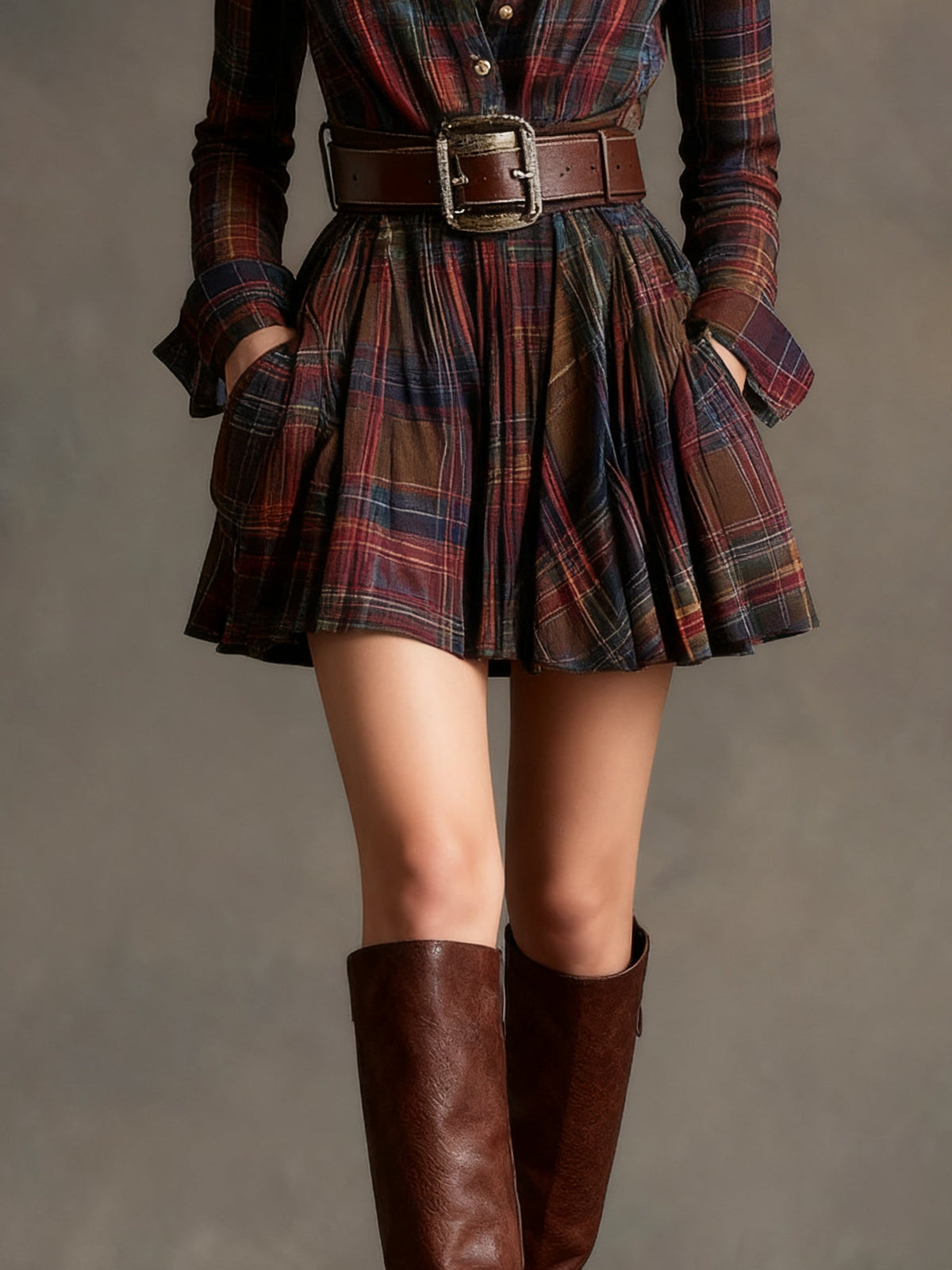 Minivestido Vintage con cuadros y cinturón - Marrón Roj izo