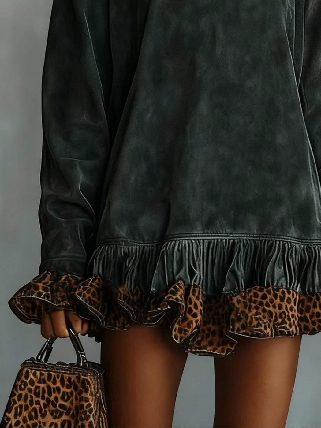 Minivestido Gris Oscuro con cuello vuelto, ante, estampado de leopardo y estampado - Gris Oscuro