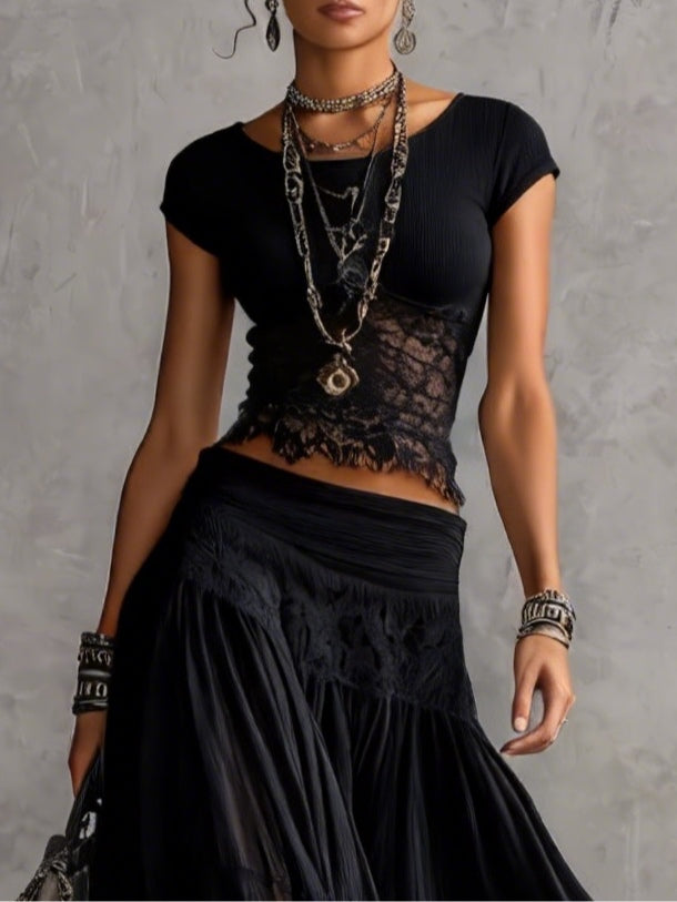 Conjunto de Falda Negro con transparente, paneles de encaje y plisado - Negro