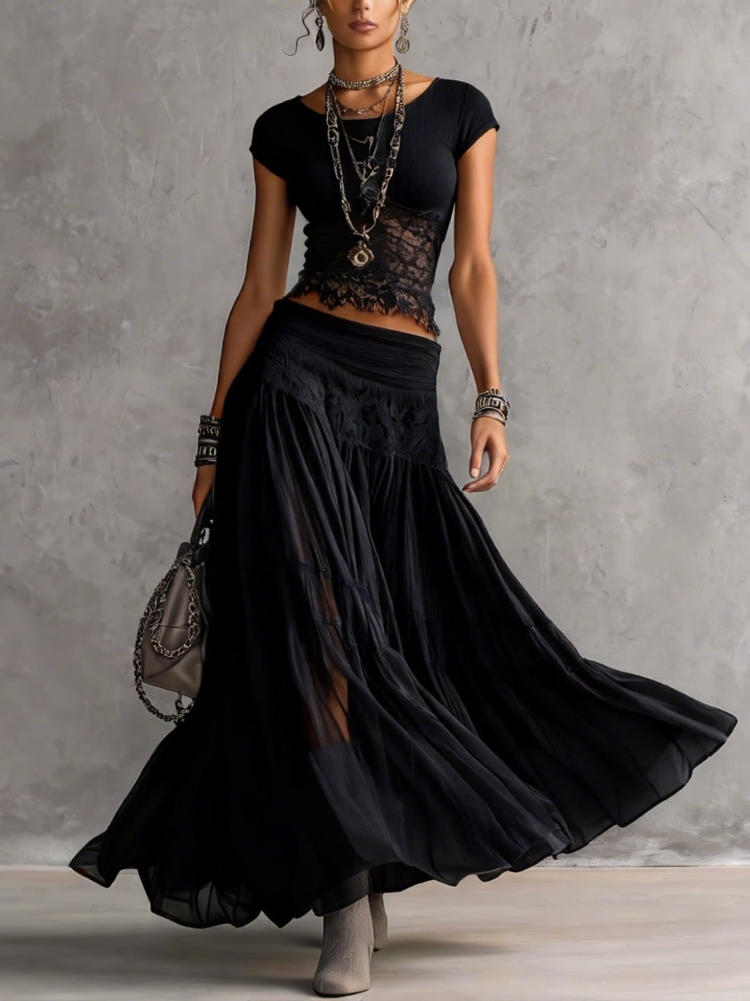 Conjunto de Falda Negro con transparente, paneles de encaje y plisado - Negro