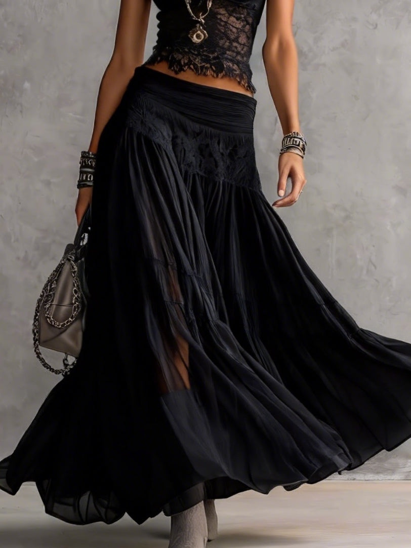 Conjunto de Falda Negro con transparente, paneles de encaje y plisado - Negro