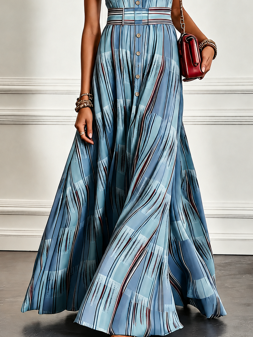 Vestido Largo Azul Sin Mangas con cuello camisero, botones delanteros, corte en A y largo hasta el suelo - Azul
