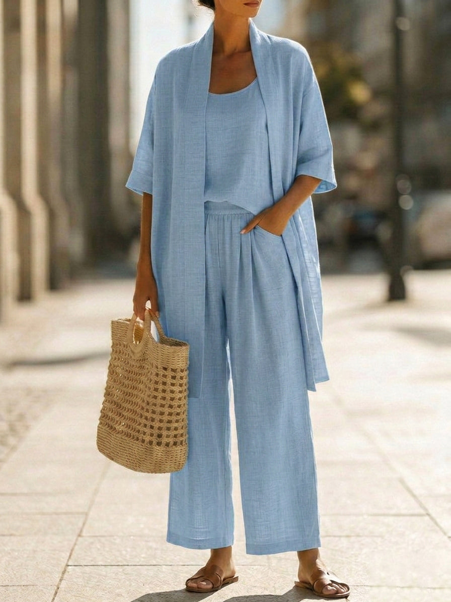 Conjunto de Tres Piezas Minimalista con lino y algodón - Azul