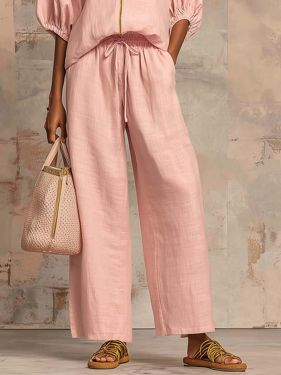 Conjunto de Pantalón Casual Corte Holgado con cremallera, escote redondo, pierna ancha y liso - Verde