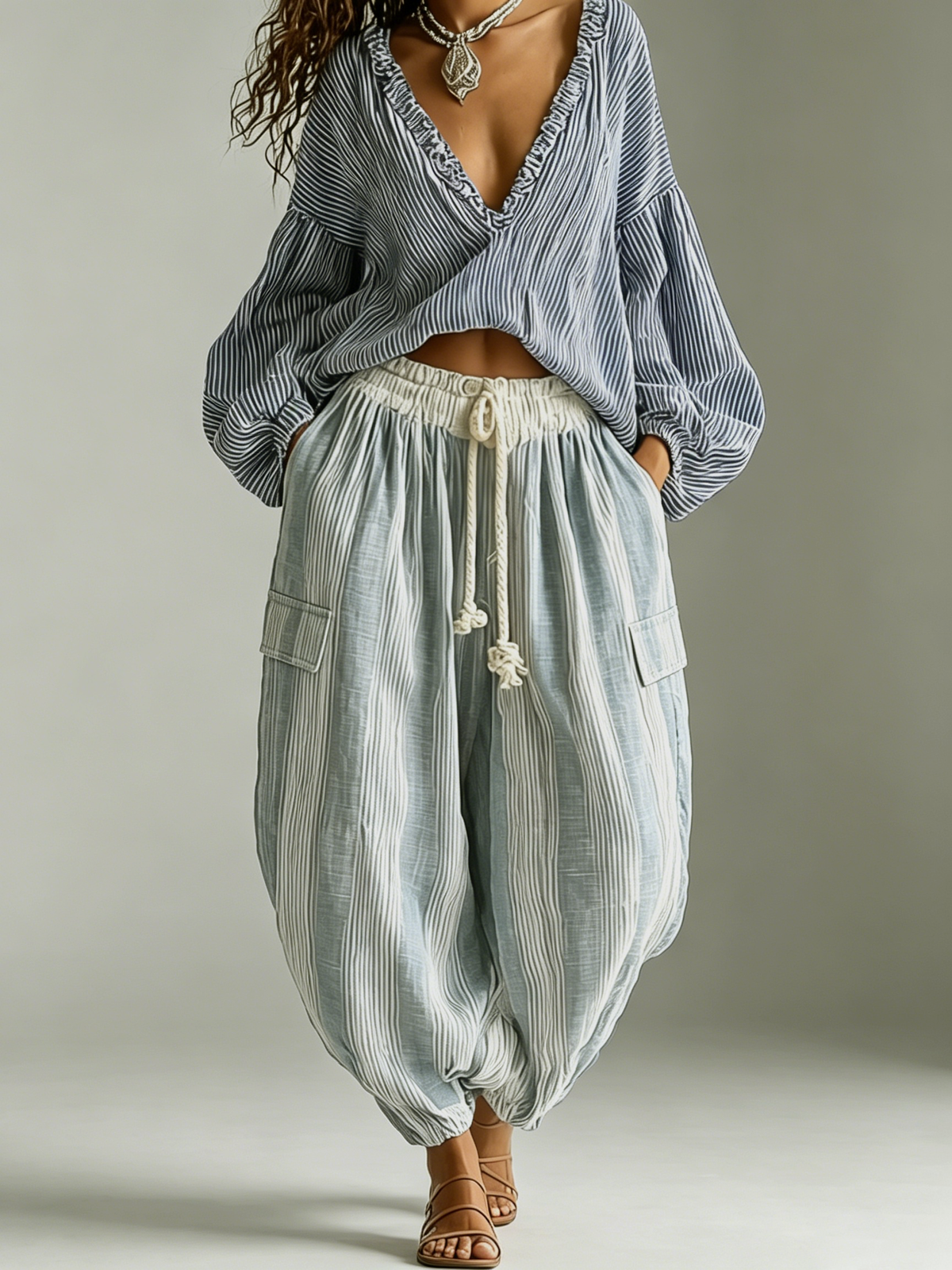 Conjunto de Dos Piezas Boho Azul con a rayas - Azul