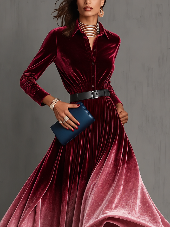 Vestido de Fiesta Largo Rojo Manga Larga con degradado, terciopelo, cuello camisero y cinturón - Rojo