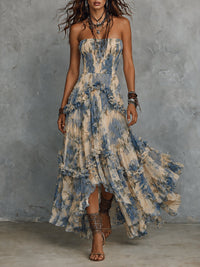 Vestido Estampado Elegante Azul con palabra de honor, gasa, volantes y estampado - Azul