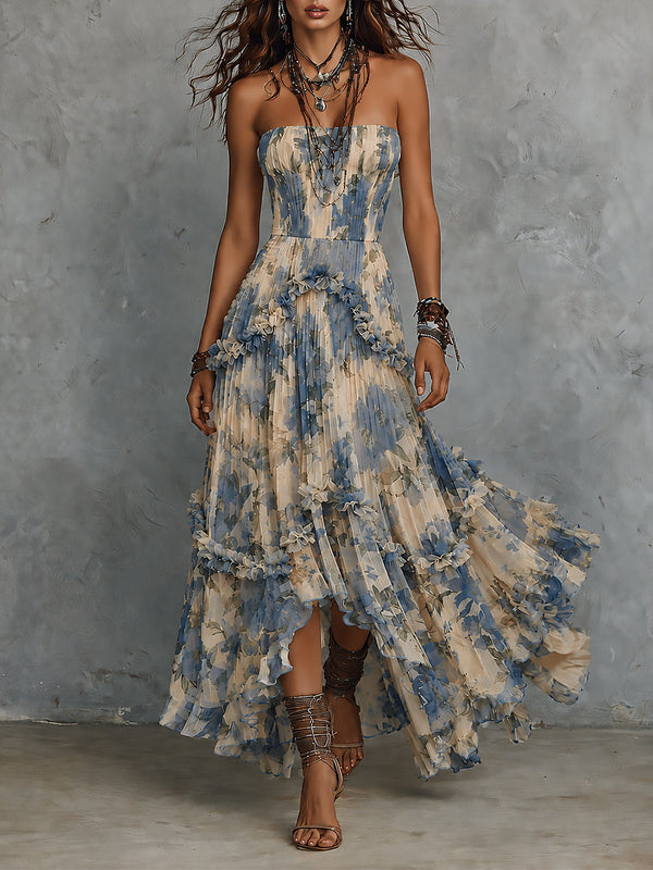 Vestido Estampado Elegante Azul con palabra de honor, gasa, volantes y estampado - Azul