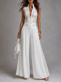 Mono Vintage Blanco con cuello mao, pierna ancha y encaje - Blanco