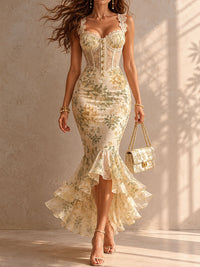 Vestido Estampado Romántico con corte sirena, remate de encaje y floral - Crema
