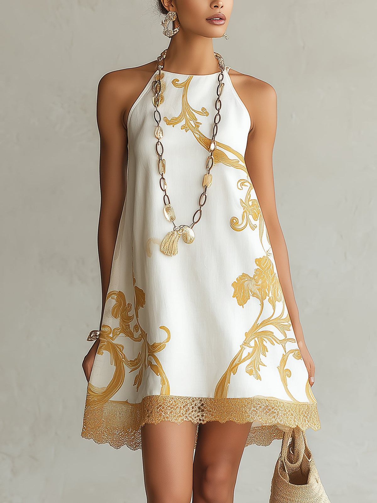 Vestido Estampado Blanco con remate de encaje y estampado - Blanco