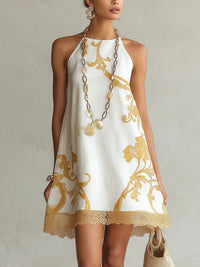 Vestido Estampado Blanco con remate de encaje y estampado - Blanco
