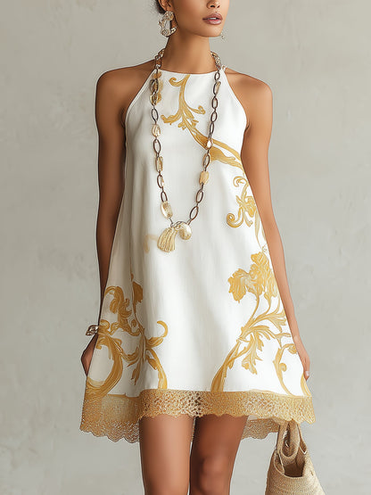 Vestido Estampado Blanco con remate de encaje y estampado - Blanco