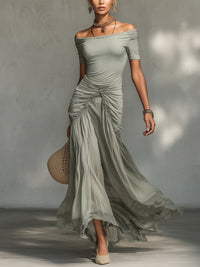 Vestido Largo Gris con gasa - Gris