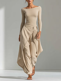 Conjunto Beige con escote barco, por capas y pierna ancha - Beige