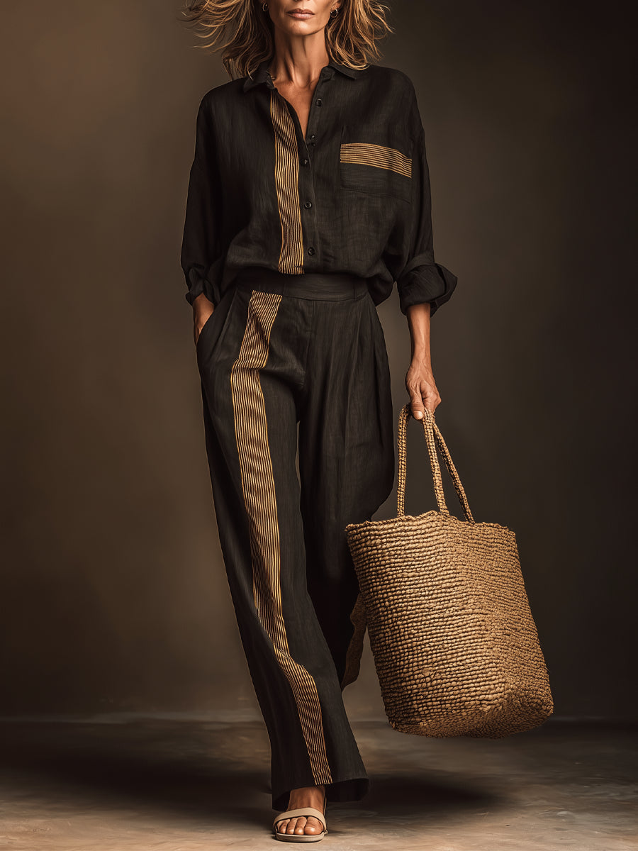 Conjunto de Dos Piezas Retro Negro con color block y a rayas - Negro