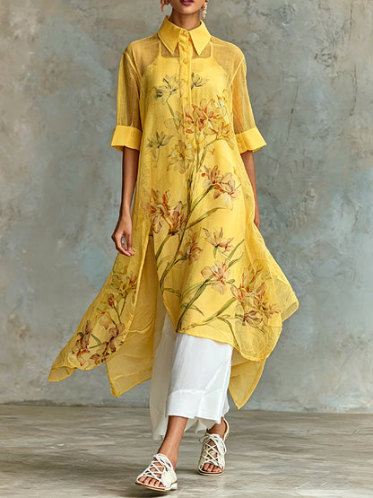 Conjunto de Dos Piezas Casual Amarillo Manga Corta con floral - Amarillo