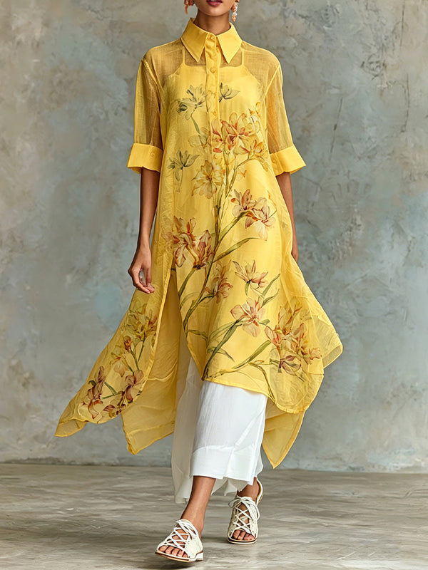 Conjunto de Dos Piezas Casual Amarillo Manga Corta con floral - Amarillo