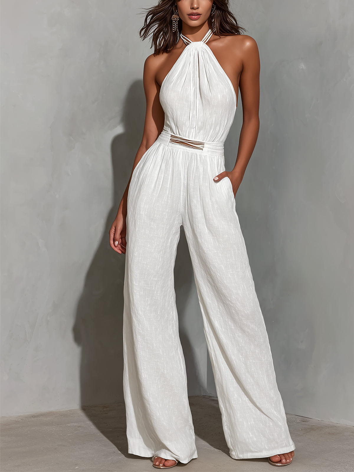 Mono Blanco Sin Mangas con algodón, lino y escote halter - Blanco