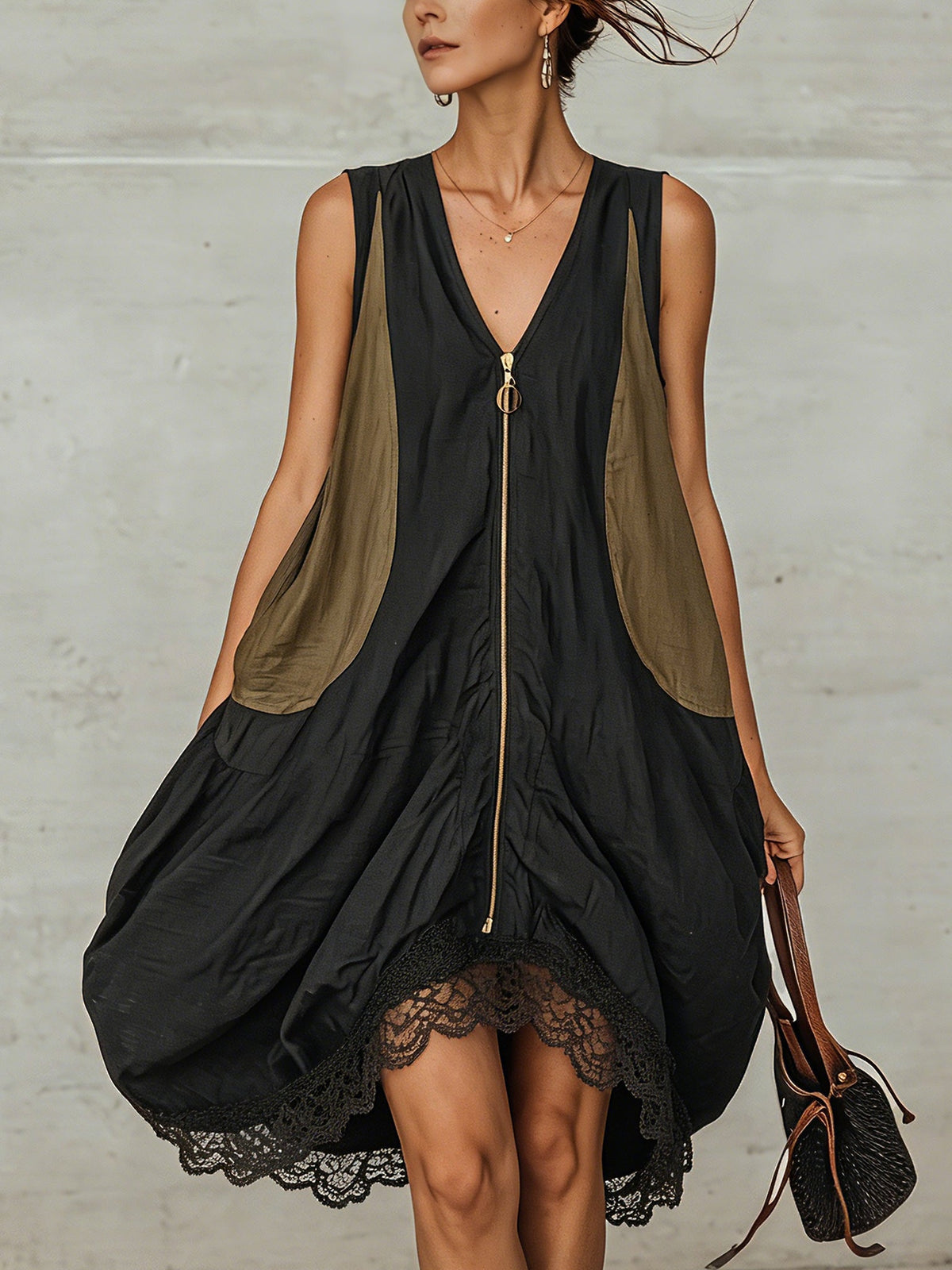 Minivestido Negro con color block y cremallera delantera - Negro