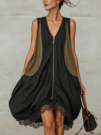 Minivestido Negro con color block y cremallera delantera - Negro