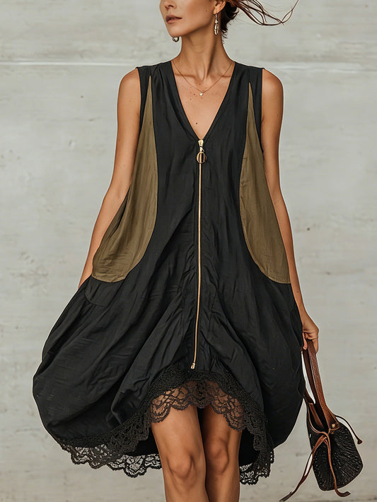 Minivestido Negro con color block y cremallera delantera - Negro