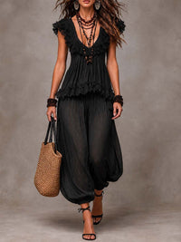 Conjunto de Pantalón Boho Negro con escote en V y encaje - Negro