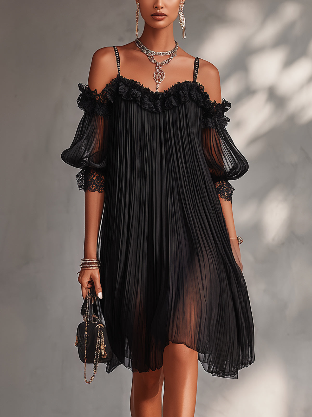 Minivestido Negro con hombros descubiertos, gasa y remate de encaje - Negro